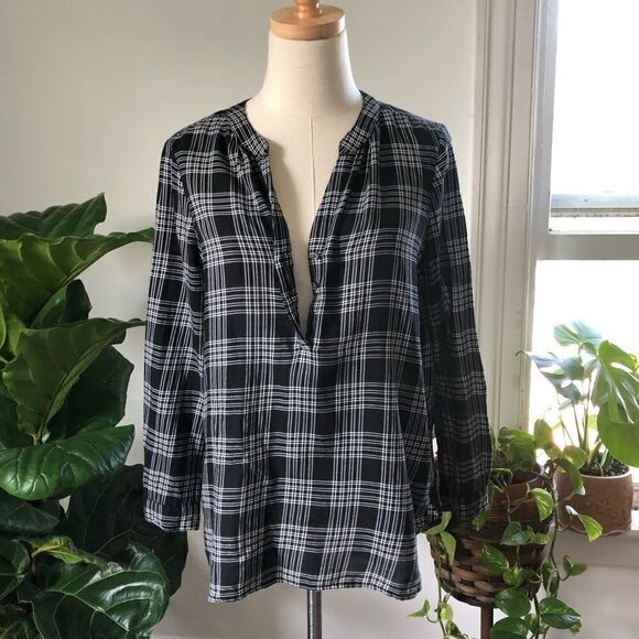 Joie Cotton Plaid Black White Blouse XS - Picture 5 of 8